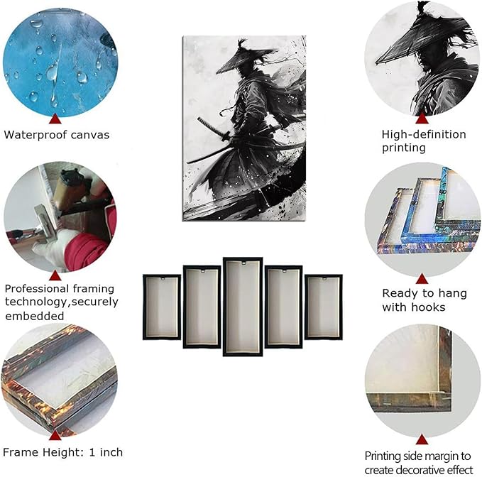 Black and White Warrior Wall Decor Japanese Samurai Wall Art Prints Vintage Japanese Cultural Samurai Pictures Canvas Painting Framed for Living Room Bathroom Bedroom Office (24''W x 36''H)