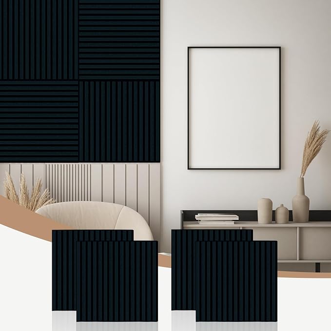 AKK-Stave Acoustic Wood Slat Wall Panels, 23.6" X 23.6" X 0.7" 15.5ft² Sound Absorbing Acoustic Panels for Walls –Wall Panels for Stylish Interiors (22# Black, 4pack - 23.6x23.6in)