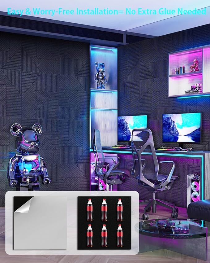 6 Pack Acoustic Wall Panels Self-Adhesive, 23.6" X 23.6" X 0.5" Decorative Acoustic Panels, Soundproof Wall Panels for Studio, Home & Living Room, Polyester - Grille Black