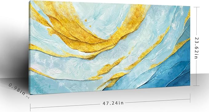 Nicetop Modern Large Abstract Wall Art – Blue and Yellow Flowing Lines Canvas Prints Contemporary Coastal Artwork Horizontal Decorative Wall Picture for Living Room Bedroom Home Office Decor 48x24 Inch