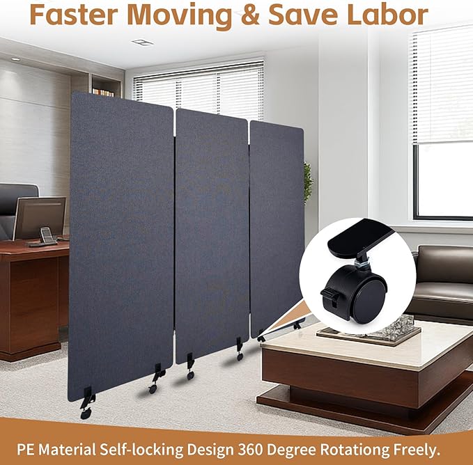 72 * 66in Freestanding Acoustic Room Divider, 3 Panel PET Polyester Soundproof Room Screen with Wheels, Portable Partition Divider for Office, Reception Room, School, Hospital