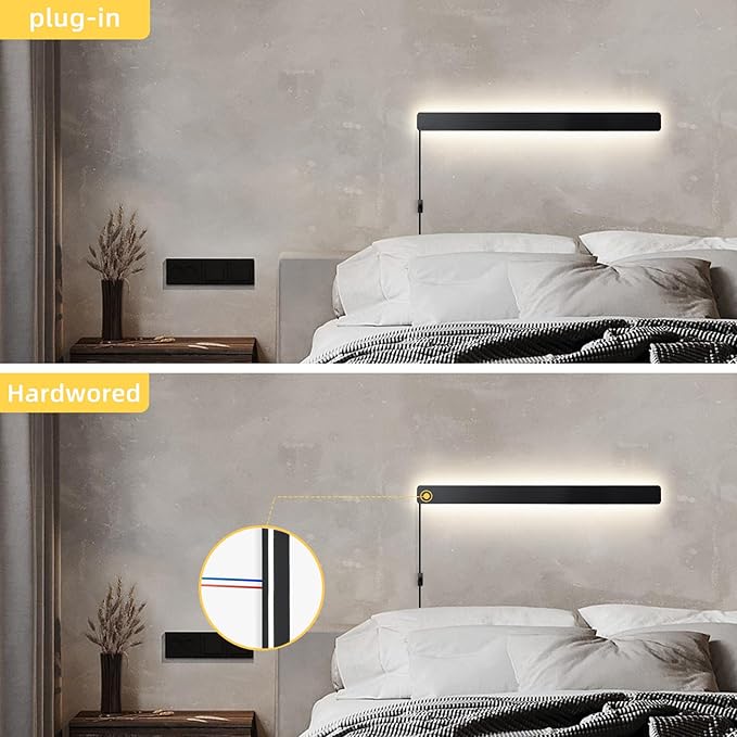 Modern Plug in Wall Sconces, 23.6 inch Frosted Black LED Long Wall Lights, 12W Warm White 3000K Acrylic Indoor Wall lamp,with 59" Plug Cable for Bedroom, Living Room, Bathroom Makeup, Hallway