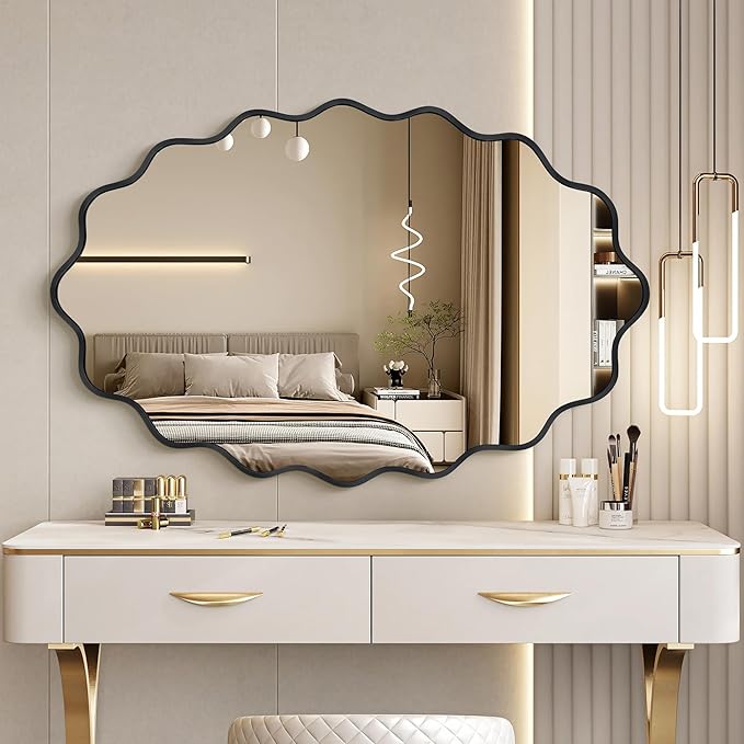 Oval Wavy Mirror - Irregular Wall Mirror 24"x36" Black Asymmetrical Aviation Aluminum Alloy Frame for Bathroom, Bedroom, Living Room, Cloakroom, Entryway