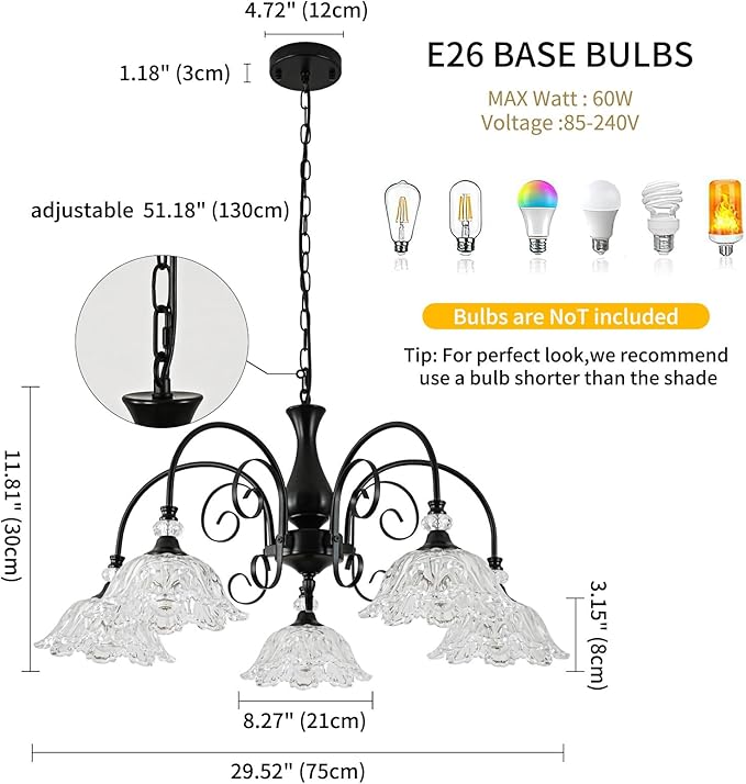 5-Light Chandeliers in Matte Black Finish with Crystal Glass Shades, Farmhouse Chandelier Light for Dining Room,Hallway,Kitchen