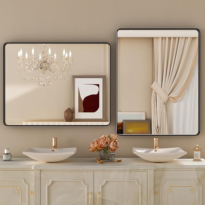 24x32 Inch Black Framed Bathroom Mirror,Matte Metal Frame Vanity Mirror,Round Corner,Farmhouse,Decorative Wall Mounted Rectangle Mirror