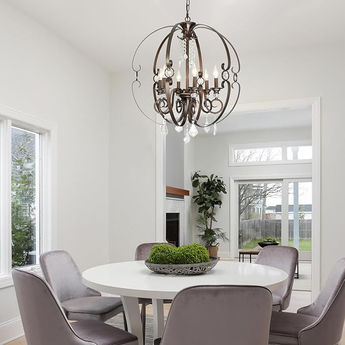 Oil-Rubbed Bronze Crystal Chandeliers for Dining Room Light Fixture, 6-Light 26 Inch Sphere Vintage Chandelier for Kitchen Island, Living Room, Foyer, Staircase, Entry, Villa