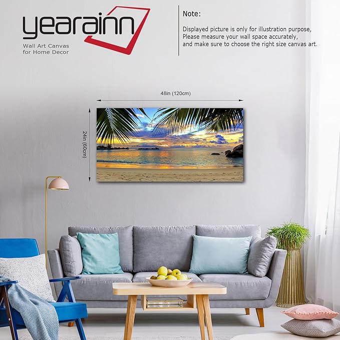 Ocean Beach Wall Art Living Room Wall Decor Large Size Tropical Palm Tree Leaves Beach Sunset Seascape Canvas Artwork Contemporary Ocean Nature Picture for Bedroom Living Room Bathroom Home Office Kitchen Wall Decor 24" x 48"