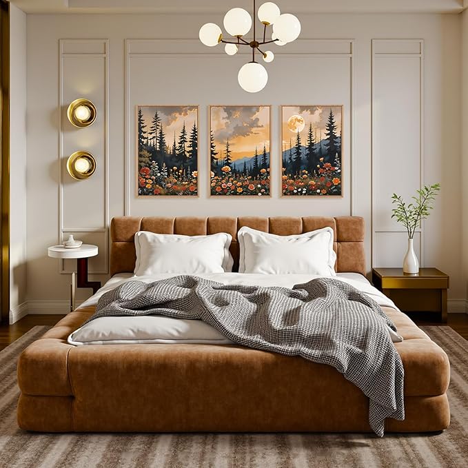 KAIRNE Mountain Forest Landscape Framed Wall Art Set of 3, Nature Full Moon Pine Tree Scenery Wall Decor, Vintage Boho Sunset Flowers for Living Room Bedroom Office - 16×24inch