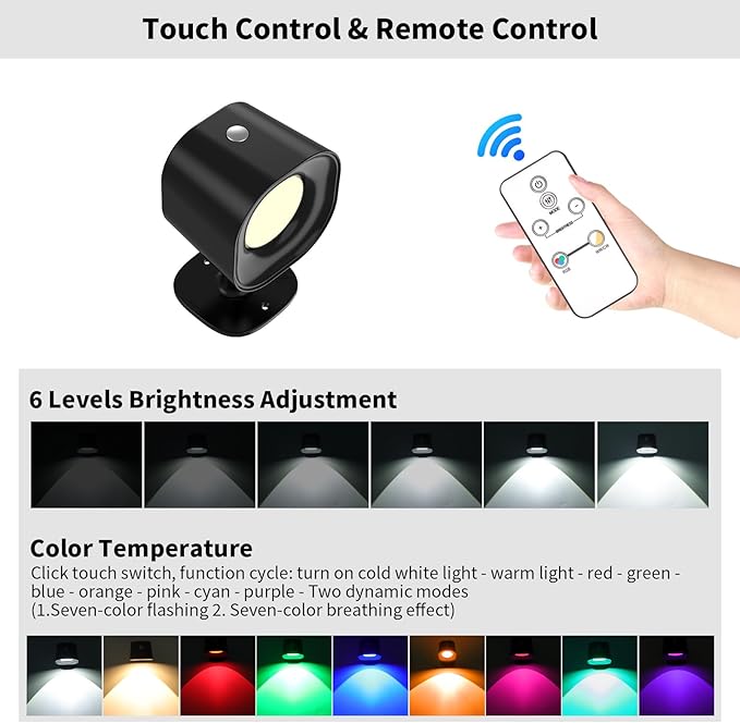 Motion Sensor LED Wall Lights with Remote, Cordless LED Wall Mounted Sconces with RGB & Warm White Lighting, Rechargeable Indoor Wall Lamp for Bedroom Bedside Living Room Corridor Picture