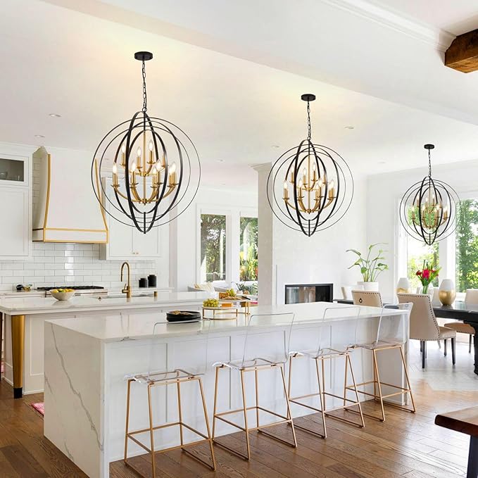 Black and Gold Chandelier, 12-Light Farmhouse Chandelier for Entryway, 31.5" Extra Large Round Pendant Light Fixtures, Foyer Chandeliers for High Ceilings, Rustic Ceiling Foyer Lighting Fixtures