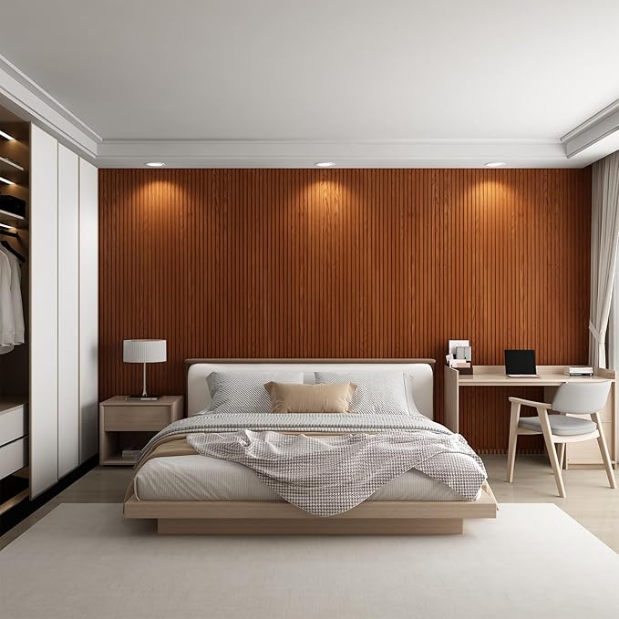 8-Pack WPC Wall Panels 118’’ x 6.3’’ 3D Slat Wall Panel Acoustic Wall Paneling for Interior Wall Decor TV Background Kitchen Bedroom Teak