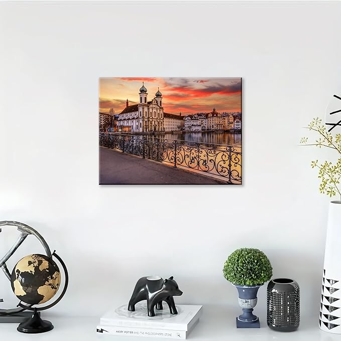 Mordern 1Pcs European Cityscape Canvas Wall Art Scenic Sunset Over River Cathedral with Domes Ready to Hang Architecture Romantic Travel Destination Decorative Framed Artwork for Living Rooms Bedrooms