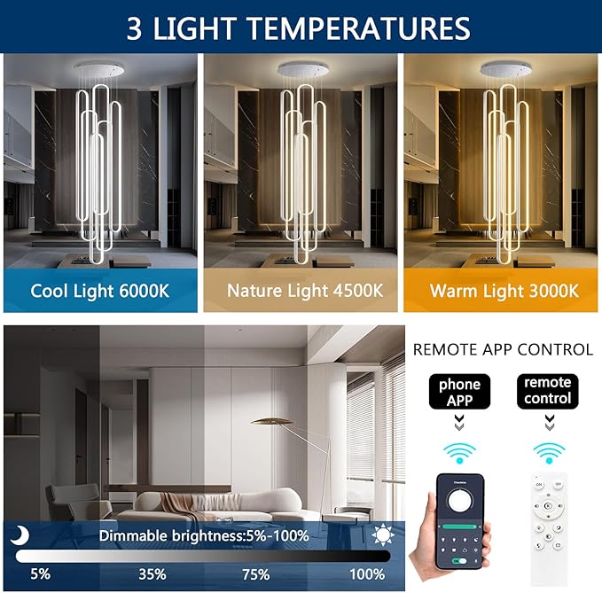 6 Rings Modern Large Chandelier for Staircase High Ceiling Chandelier LED Dimmable Black Chandeliers for Foyer Living Room Villa Sliver