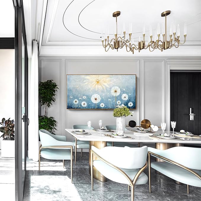 Nicetop Extra Large Framed Artwork for Walls– Giant Blue Floral Wall Picture with Wood Frame Dandelion Flower Plant Canvas Print Landscape Wall Art for Big Living Room,Office or Bedroom, 58x29Inch