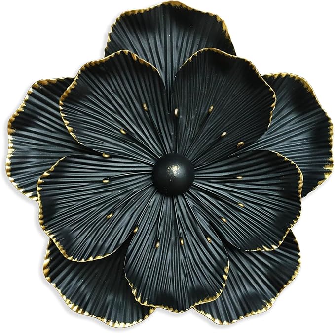 Metal Flower Wall Art Decor, 9" Rustic Modern Floral Sculpture, Distressed Iron Wall Hanging Home Decoration Accent Artworks for Indoor Kitchen Bedroom Living Office Outdoor Garden Patio (35C-Black)