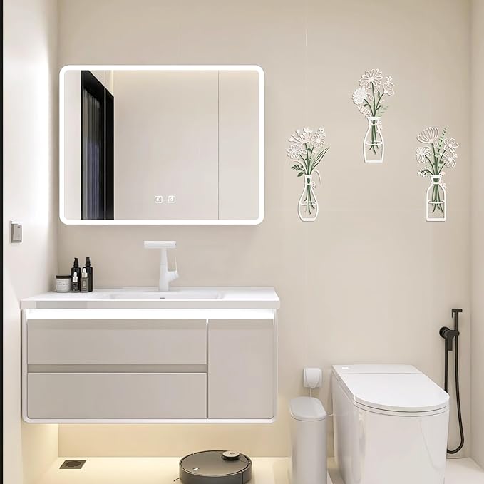 3 Pieces Metal Flower Wall Art - Wordless Minimalist Floral Silhouettes in Vases, Black Rustic Farmhouse Decor for Living Room, Bedroom, Bathroom, Dining Room, Housewarming Gift(Pink -White)