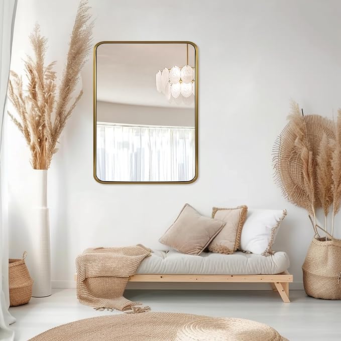 ANDY STAR Brass Mirror Bathroom, 22x30’’ Rounded Rectangle Mirror, Brushed Gold Bathroom Vanity Mirror Non-Rusting SUS304 Metal Tube Frame 1’’ Deep Wall-Mounted Mirrors Vertical/Horizontal