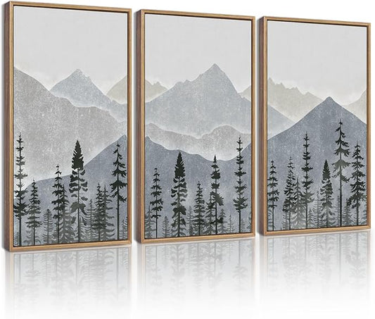 KUVIOKE Mountain Landscape Framed Wall Art Watercolor Nature Forest Painting Boho Farmhouse Rustic Home Decor 16x24in (Natural Framed)