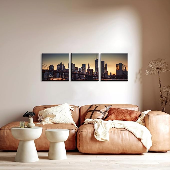NAN Wind 3PCS Modern Urban Skyline Wall Art NYC-Inspired Twilight Cityscape Framed Canvas Prints Art Contemporary Manhattan Bridge Golden Sunset Skyscraper Canvas Pictures for Home Office Decor