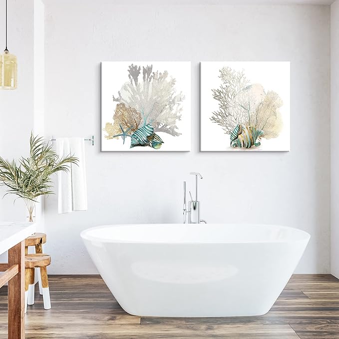 JAPO ART White Coral Wall Art Coastal Wall Decor Beach Bathroom Decor Sea Shell Pictures Sea Fan Nautical Painting Ocean Wall Art for Livingroom Bedroom Home Walls 12x12Inchx2pcs