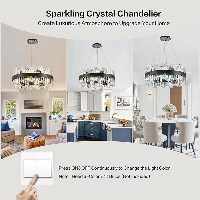 24'' Modern Black Crystal Chandeliers for Dining Room,2 Tiers K9 Crystal 12-Lights Luxury Chandelier Light Fixture Contemporary Pendant Ceiling Light for Living Room Kitchen Island Foyer