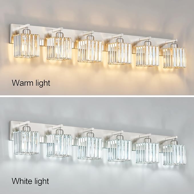 Modern Vanity Light 6-Lights Brushed Nickel Vanity Light Crystal Bathroom Wall Light Bathroom Light Fixtures