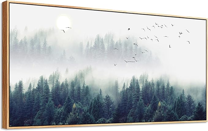 MHARTK66 Large Size Wall Art For Living Room Wood Framed Canvas Wall Decor For Bedroom Foggy Forest Trees Landscape Painting Wall Decorations Modern Home Decor Canvas Pictures Artwork 30" X 60"