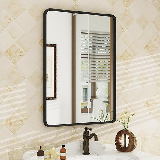 OKPAL 20X28 Inch Matte Black Bathroom Mirror for Wall, Black Metal Frame Vanity Mirror, Black Rounded Rectangle Mirror for Bedroom, Anti-Rust, Wall Mounted (Horizontal/Vertical)