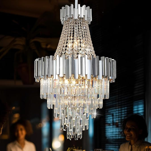Modern Chandeliers for Entryway Foyer High Ceiling Round Long Crystal Lighting Fixtures Hanging Chandelier Chrome for Living Room Foyer Entrance Dining Room Bedroom