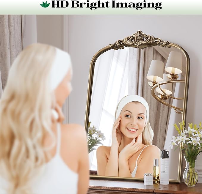 Arched Antique Gold Mirror, 24"x36" Vintage Vanity Traditional Baroque Mirrors, Ornate Arch Brass Mirror for Over Sink/Fireplace/Entryway/Bathroom