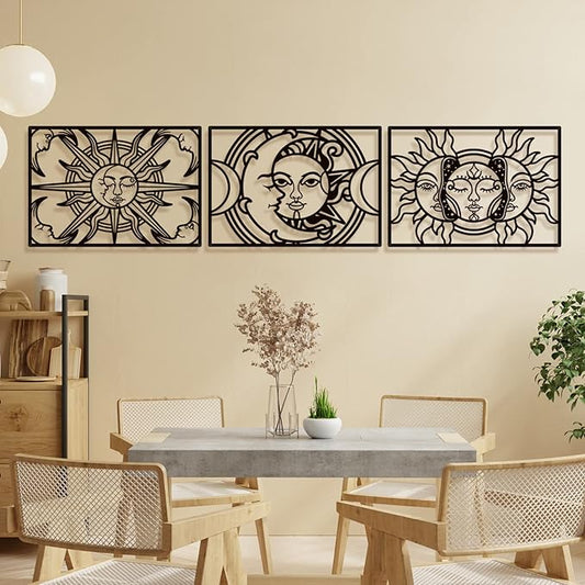 Bakovity Black Metal Wall Decor, Black Abstract Wall Art, Moon Line Art Décor, 3D Sculptures, Large Bohemian Aesthetic Black and White Wall Art for Bedroom Bathroom Living Room (3 Pcs, 17 x 12 in)