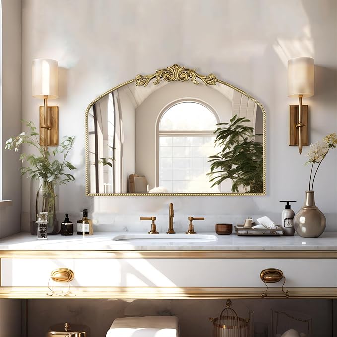 AIXI HOME Vintage Gold Arched Mirror 40"X31", Antique Baroque Mantel Wall Mirror with Ornate Metal Frame for Entryway/Fireplace/Living Room/Hallway/Bathroom/Bedroom