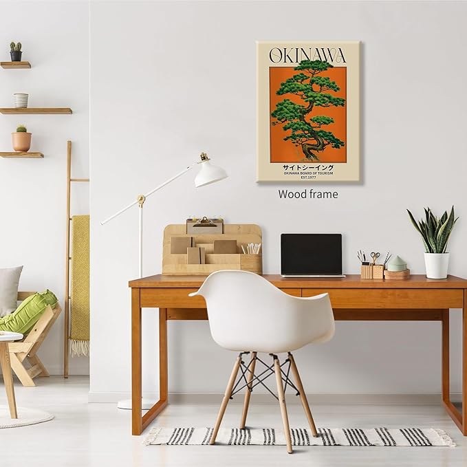 Japanese Canvas Wall Art Orange Okinawa Prints Retro Japanese Bonsai Tree Picture Modern Ukiyo-e Decor Poster for Asian Living Room Bedroom Dorm Bathroom 16x24 inch Framed