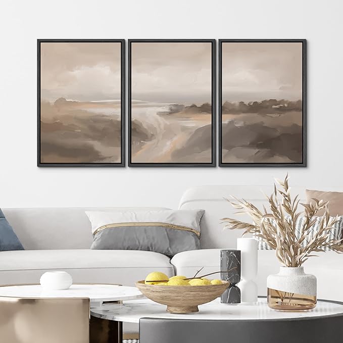 MUDECOR Framed Canvas Print Wall Art Serene Landscape Neutral Coastal Illustrations Realism Decorative for Living Room, Bedroom, Office - 24"x36"x3 Black