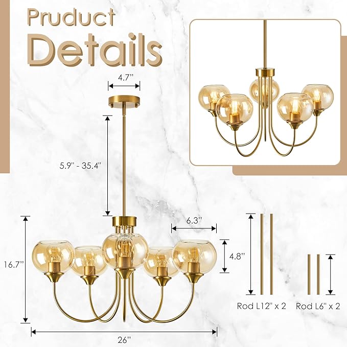 Mid Century Modern Globe Chandelier 5 Light Amber Glass Vintage Sputnik Chandeliers Gold Pendant Light Fixtures for Dining Room Kitchen Living Room Bedroom