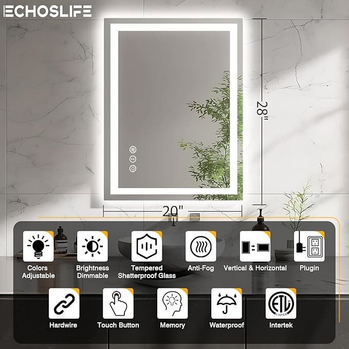 20"x28" LED Bathroom Mirrors for Wall, Front and Backlit Mirror, Anti-Fog Vanity Mirror with Lights, Stepless Dimmable Lighted Mirror, 3 Colors Smart Mirror (Horizontal/Vertical)