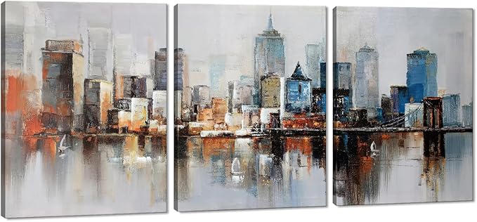 MAMAGO 3 Panel Vintage New York City Wall Decor Modern Abstract Cityscape Canvas Print Poster for Bedroom Living Room Office Wall Art Framed Ready to Hang-12”W x 16”Hx3pcs