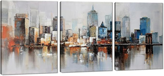 MAMAGO 3 Panel Vintage New York City Wall Decor Modern Abstract Cityscape Canvas Print Poster for Bedroom Living Room Office Wall Art Framed Ready to Hang-12”W x 16”Hx3pcs