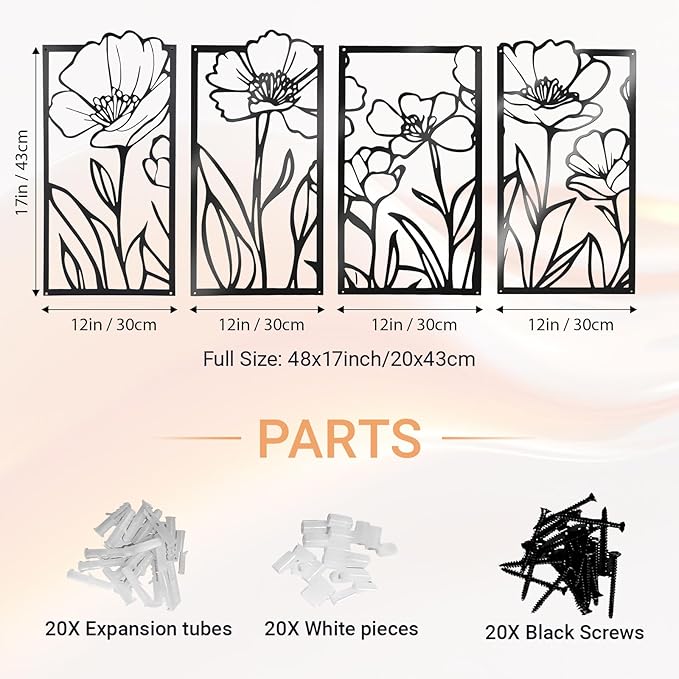 Metal Wall Art Flowers Set of 4, Framed Flower Wall Art for Living Room Bedroom Entryway, 4-Piece Floral Wall Decor, Enhance Home Ambiance with Harmonious Energy, Metal Wall Decor with Positive Vibes (Black, 32" x 17"/81x43cm, Framed)