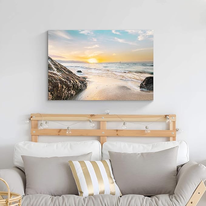 Coastal Canvas Wall Art Picture: Bathroom Beach Ocean Scene Print Seascape Sea Sunset Artwork Seaside Sailboat Rock Seashore Painting for Home Living Room Decorations 36 x 24 Inch