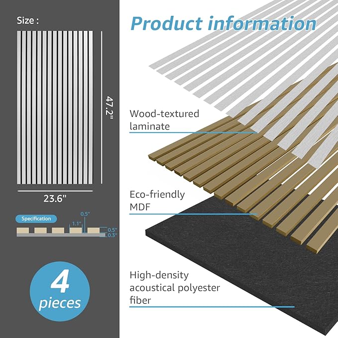 Art3d 4 Wood Slat Acoustic Panels for Wall and Ceiling - 3D Fluted Sound Absorbing Panel with Wood Finish - Brushed Silver