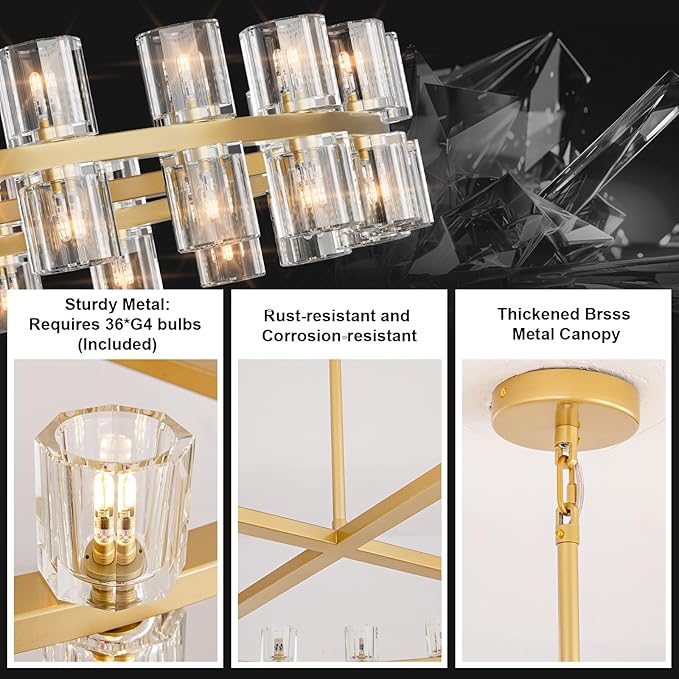 Modern 36" Gold Round Chandelier Light Fixture, K9 Crystal Chandeliers for Dining Room, Living Room, Dining Room Chandeliers Over Table, Chandelier for Bedroom, Foyer, Includes 36XG4 Bulbs