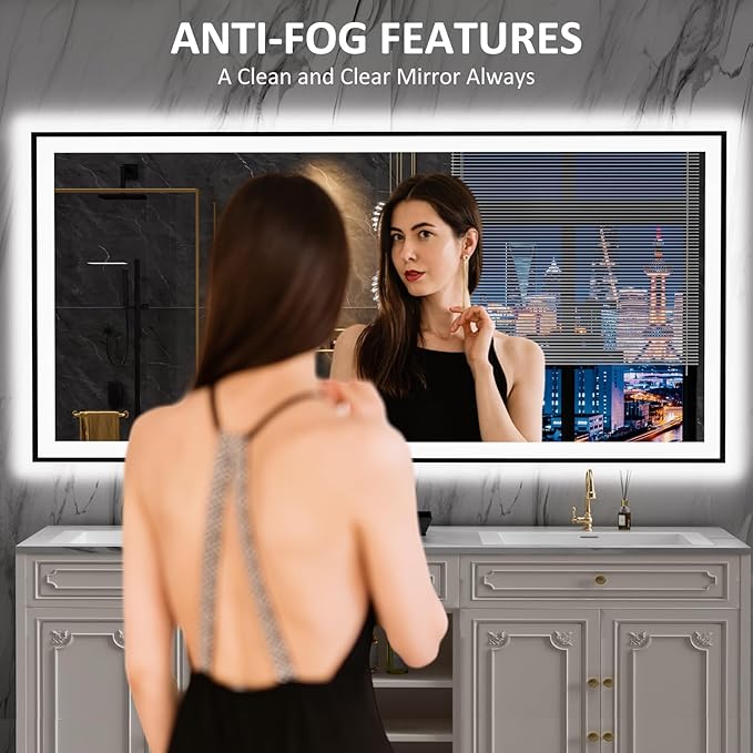LOAAO 84"X32" LED Bathroom Mirror Black Framed, Anti-Fog, Dimmable, Lighted Bathroom Vanity Mirror for Wall, Memory Function, Tempered Glass