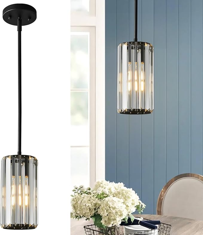 Black Pendant Lighting Modern Pendant Light Mini Crystal Chandeliers Adjustable Pendant Light Fixture for Kitchen Island Dinning Room Corridor Bedroom(Black 1-Light)