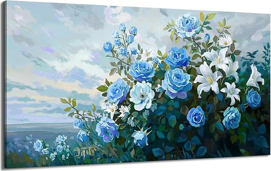 Nicetop Extra Large Floral Canvas Art for Living Room – Elegant Botanical Wall Picture with White Lilies, Blue Roses & Green Leaves – Horizontal Nature Artwork for Bedroom, Office, Kitchen, 58x29 Inch