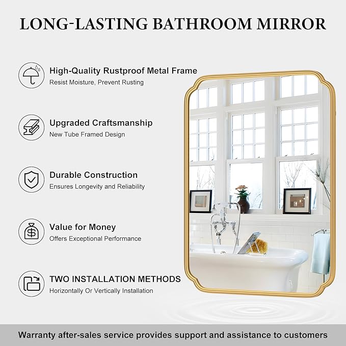30" x 40"Gold Bathroom Mirror for Over Sink, Modern Rounded Corner Rectangle Wall Mirror for Bathroom Vanity Decorative with Non-Rusting Iron Metal Framed (Horizontal/Vertical)