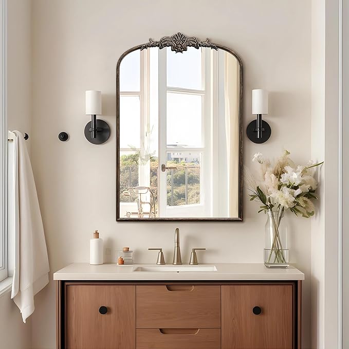 Antique Baroque Arched Mirror: 24"x36" Arch Black Vintage Wall Mounted Mirror - Traditional Ornate Home Decor for Entryway/Fireplace/Bathroom - Idea for Young Couples