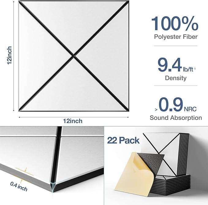 22 Pack X-Line Design Acoustic Panels, 12" X 12" X 0.4" Self-Adhesive Sound Proof Foam Panels for Walls, Soundproof Wall Panels for Home & Office (White on Black)