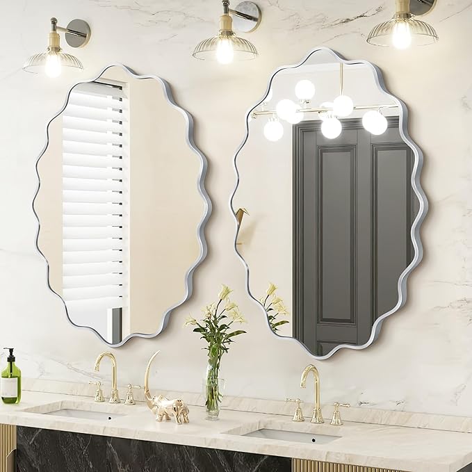 Oval Wavy Mirror - Irregular Wall Mirror 24"x36" Black Asymmetrical Aviation Aluminum Alloy Frame for Bathroom, Bedroom, Living Room, Cloakroom, Entryway