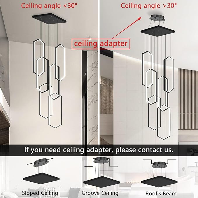 6 Rings Modern Chandelier LED Dimmable Pendant Lighting Adjust Flush Mount Ceiling Light for Foyer Lobby Living Room Staircaes Black